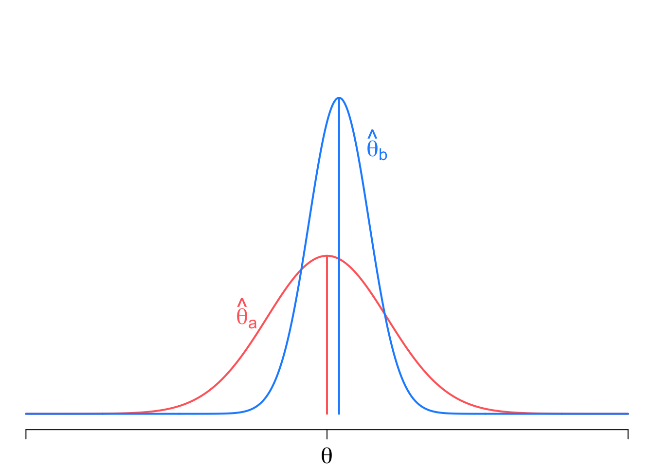 Example with two sampling distributions. One (labelled theta hat a) is centered on the true value theta but with high spread around that value. The other (labelled theta hat b) is slightly biased but has much less variance. 